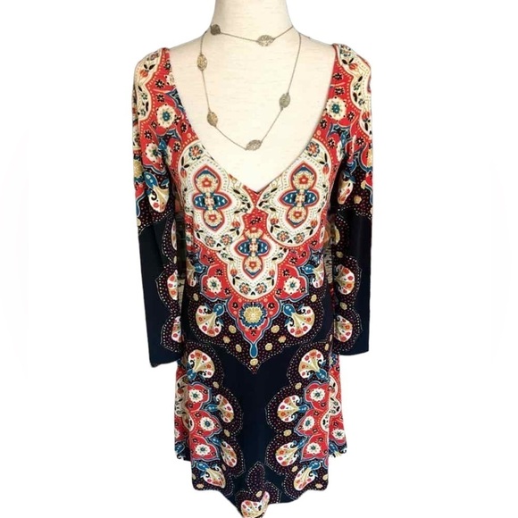✌️OUT✌️FREE PEOPLE Boho Mini Dress Long Sleeve vneck small Nwt - Picture 10 of 10
